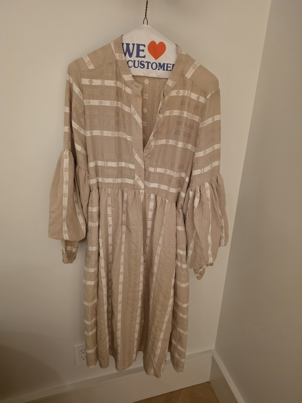Light Taupe Striped Midi Dress with Balloon Sleeves